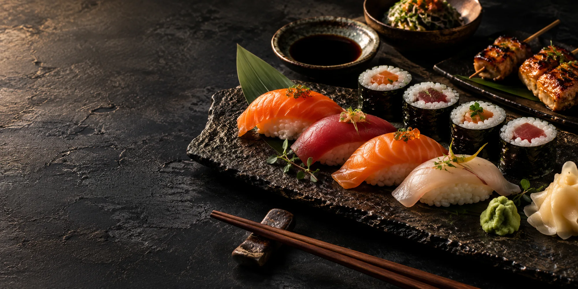 Illustratieve compositie van sushi en grillgerechten, niet gefotografeerd bij Sushi Goya