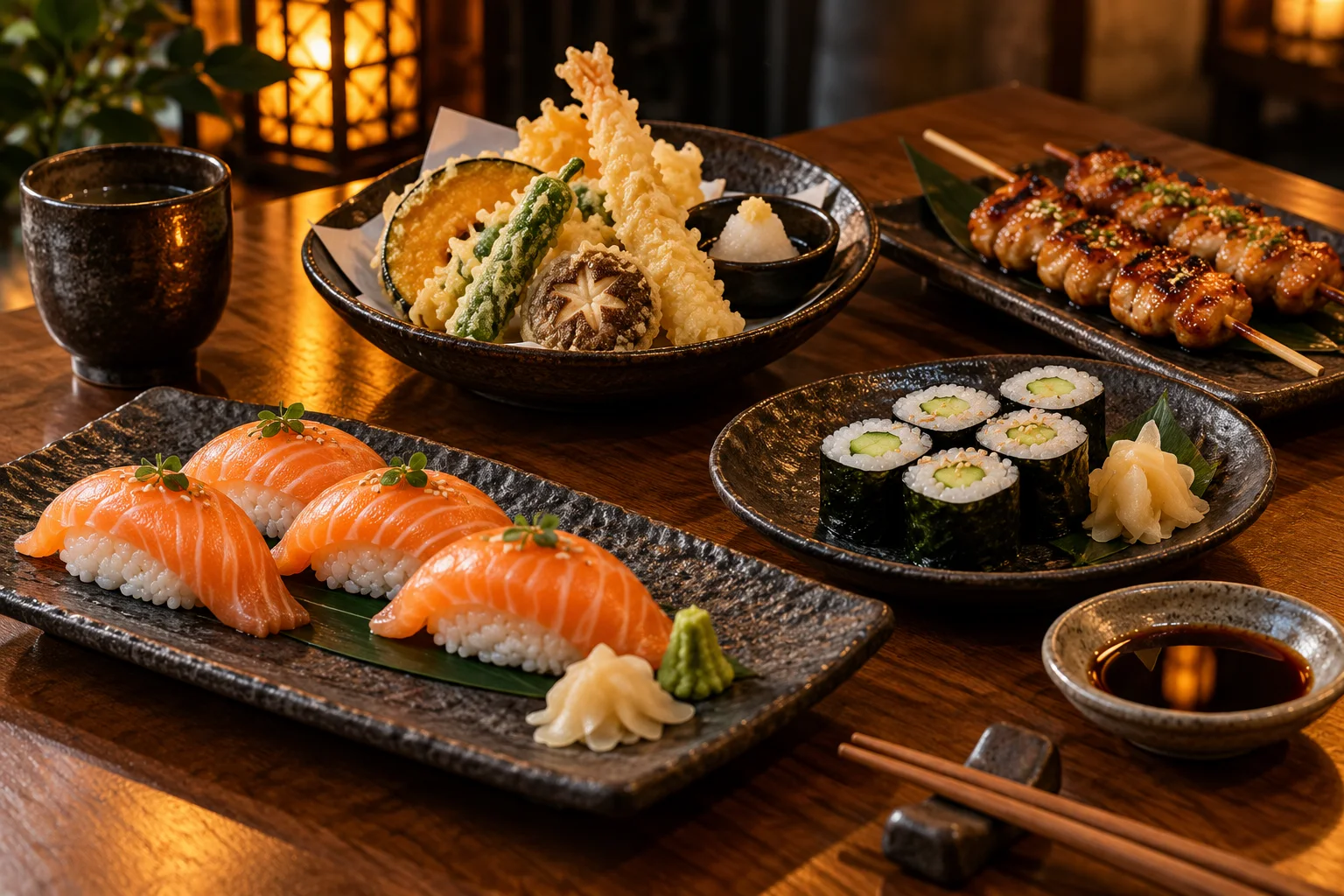 Illustratief bord met sushi, tempura en kipspiesjes, geen gerechtenfoto van Sushi Goya